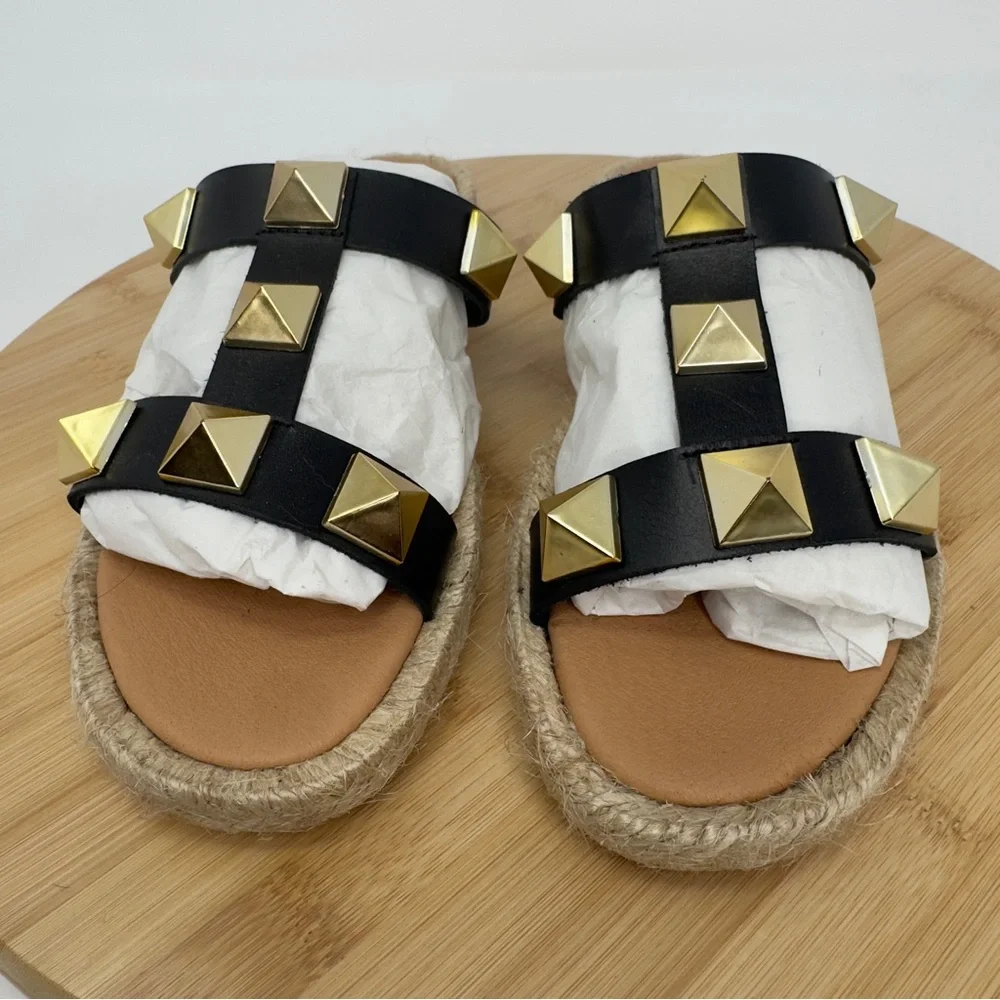 Maypol Black Leather Studded Espadrille Sandals | Size 7.5 | Made in Spain‎